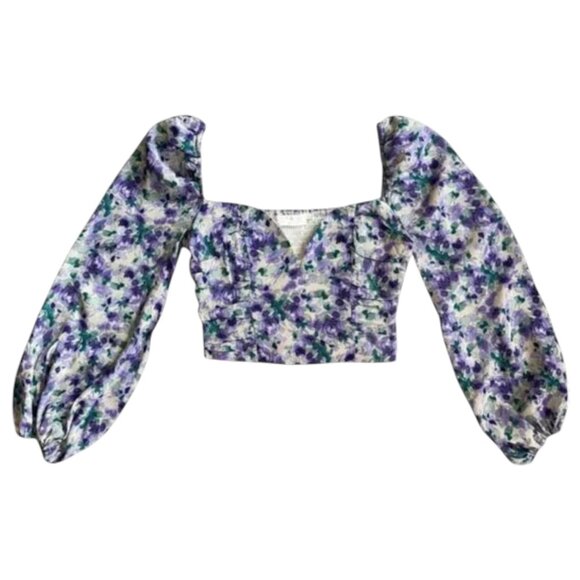 NWT ASTR The Label Blue Purple Floral Puff Sleeve Blouse XS Romantic Corset - Picture 2 of 10